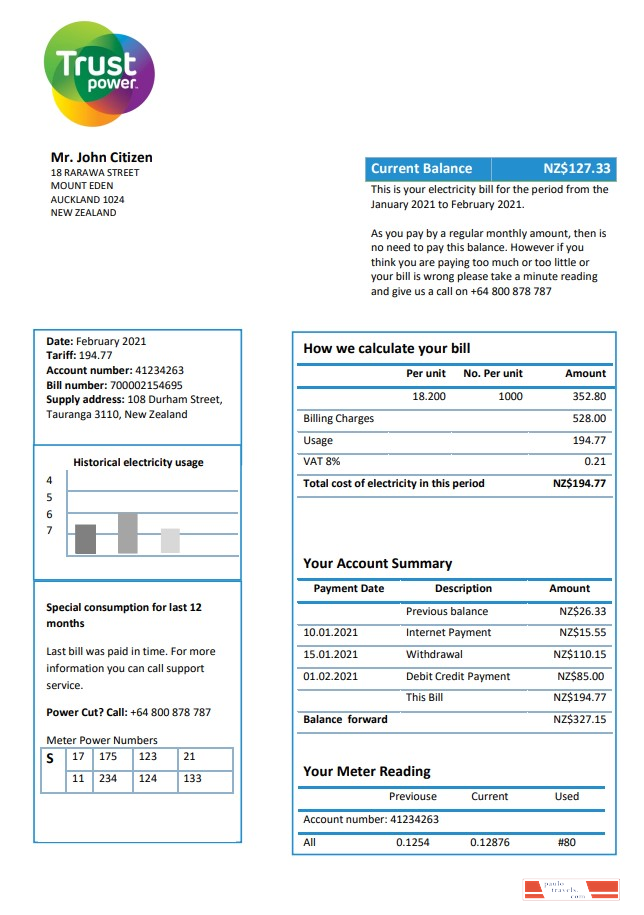 New Zealand Trustpower utility bill template in Word and PDF format